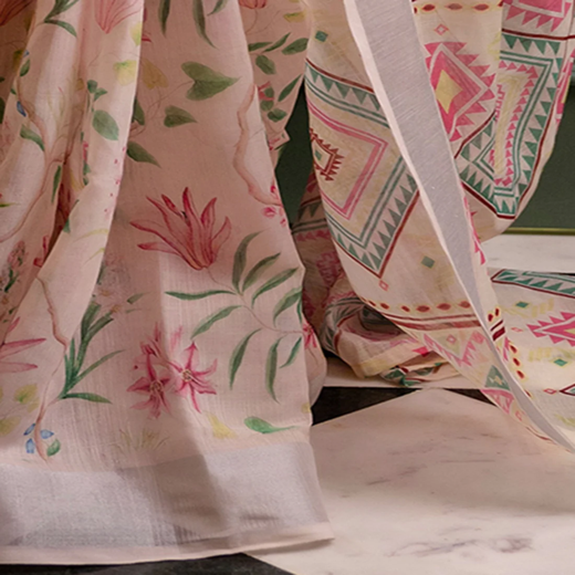 Ready To Wear Cream Linen Woven Border Printed Saree - Image 3