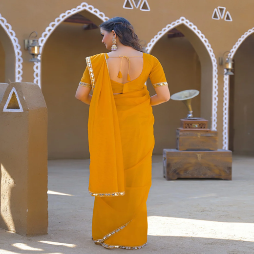 Yellow Net Mirror Work Lace Saree - Image 4