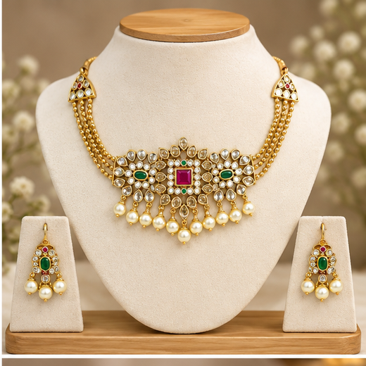 Matte finishing Ad stones with white pearls with pink and green stones Choker - Image 2