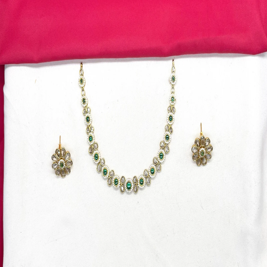 Matte finishing American Diamonds with Green stones Short Necklace