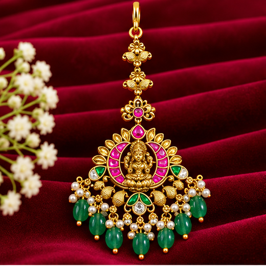 Jadau Kundan Finishing Lord Lakshmi Design Green Beads Maang Tikka