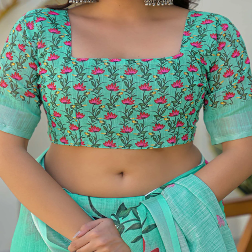 Light Turquoise Linen Floral Printed Saree - Image 2