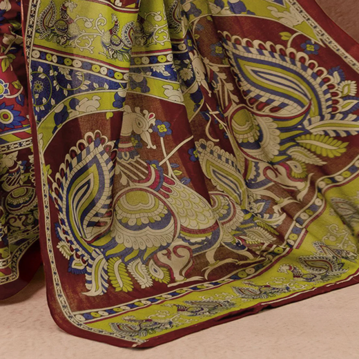 Dark Pink Cotton Printed Kalamkari Saree - Image 3
