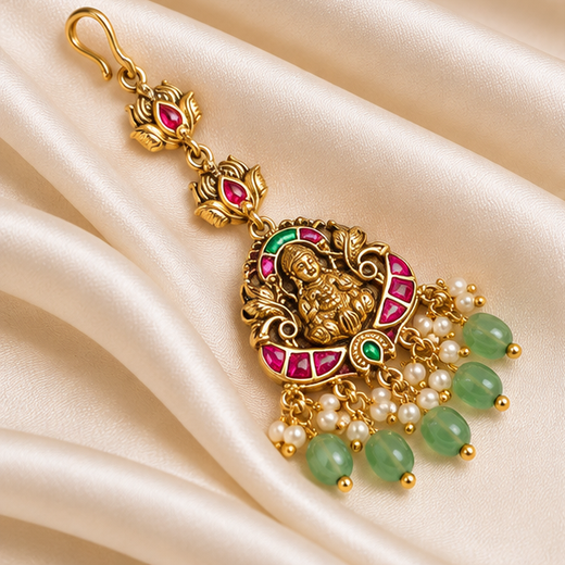 Jadau Kundan Finishing Lord Lakshmi With Green Beads Maang Tikka - Image 3