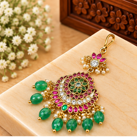 Jadau kundan Finishing Floral Design Geen Beads Chand Design Maang Tikka