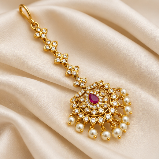 Matte Finishing Pink Stones With White Pearls Maang Tkka - Image 3
