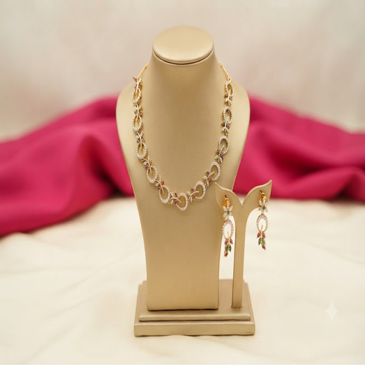 zircon stones in a floral and leaf-inspired motif small Pink stones short Necklace