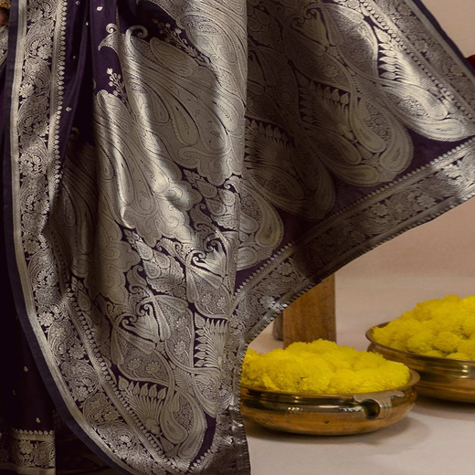 Dark Purple Silk Woven Banarasi Saree - Image 3