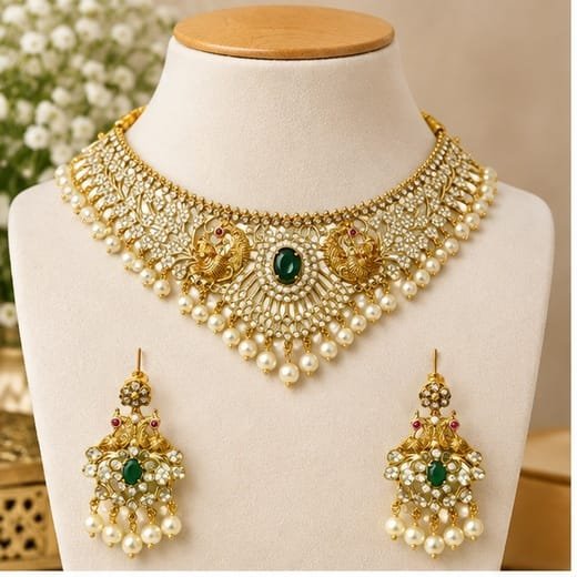 Matte finishing leaf peacock design with Green stone (choker)Necklace