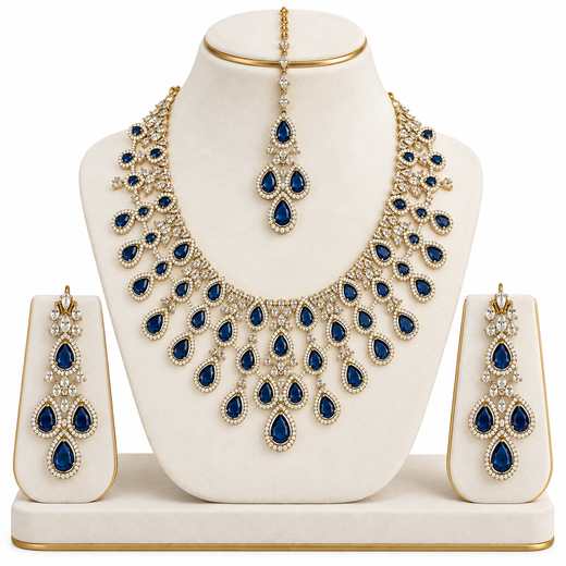 Emerald Blue and Cubic Zirconia Bridal Necklace Set with Earrings and Maang Tikka