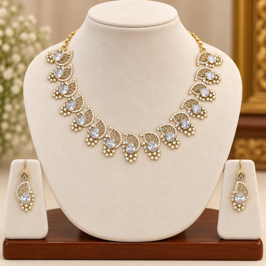 Matte finishing American diamond and White stone short Necklace