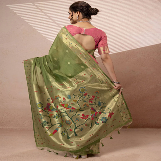 Green Chanderi Cotton Woven Paithani Saree - Image 4