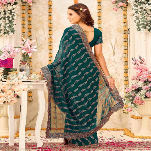 Teal Green Georgette Embroidery Swarovski Saree - Image 4