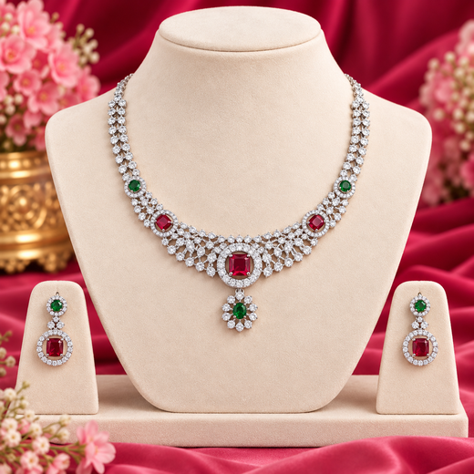 Silver Polish White & multi AD Studded Short Necklace - Image 3