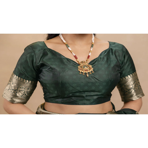 Bottle Green Silk Woven Banarasi Saree - Image 2