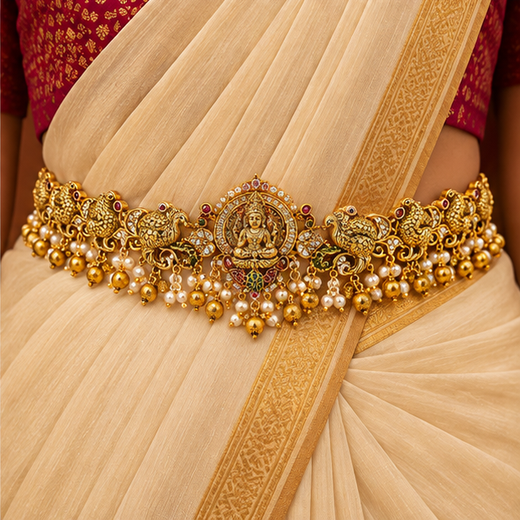 Matte Finishing Lord Lakshmi With AD Stones Peacock Design Chain Vaddanam - Image 4