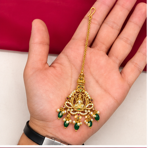 Matte Finishing American Diamonds Lord Lakshmi Green Beads Maang Tikka