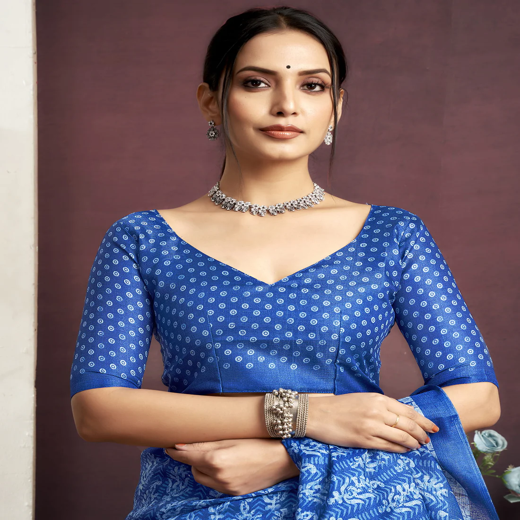 Indigo Cotton Blend Printed Saree - Image 2