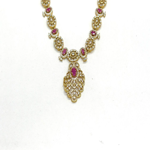 Matte finishing Pink Leaf Designed with stones Long Necklace - Image 2