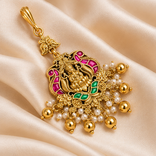 Matte Finishing Lord Design Golden Balls Maang Tikka - Image 3