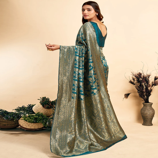 Rama Blue Woven Banarasi Silk Saree - Image 4