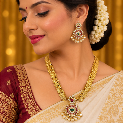Matte Finishing with lord Lakshmi designed Long Haram - Image 4