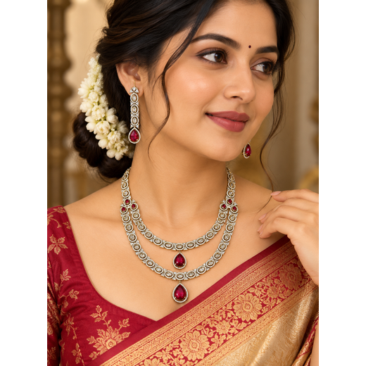 Victorian Two Steps With Red Stone Long Necklace - Image 4