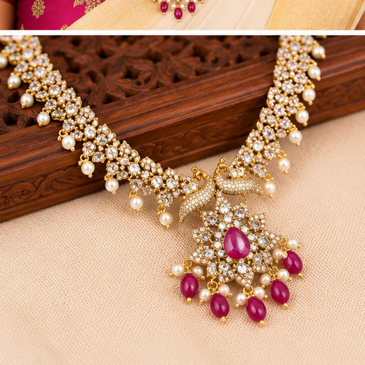 Matte finishing American Diamonds peacock design Long Haram Necklace - Image 3