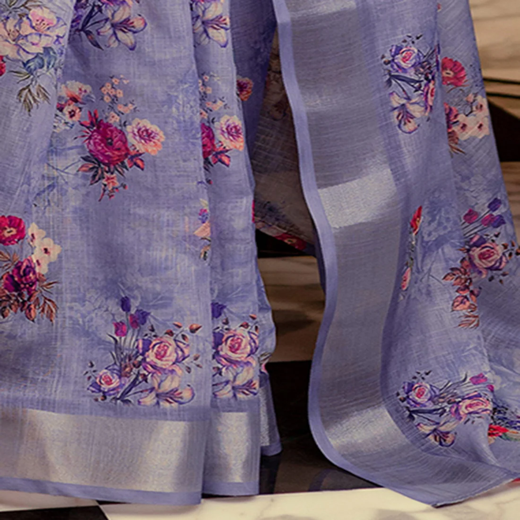 Ready To Wear Lavender Linen Woven Border Floral Printed Saree - Image 3