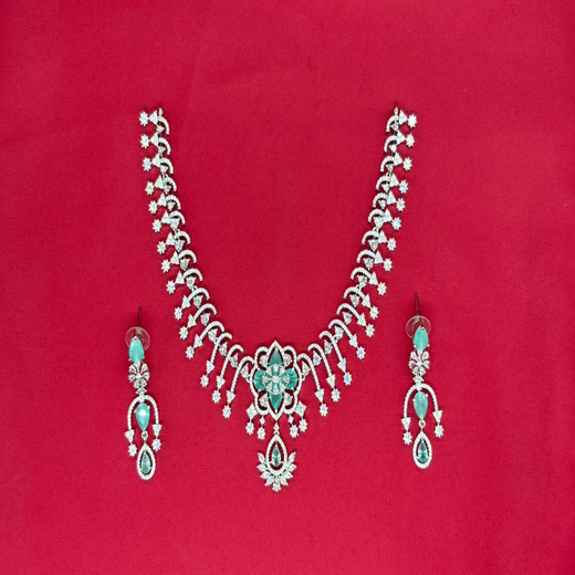 Silver Short Necklace with Flower designed Mint-Green