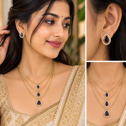 Premium Three layered AD Stones With purple stone Necklace - Image 4