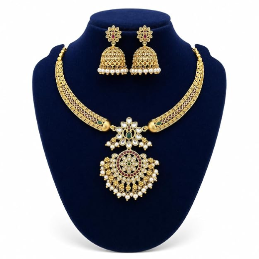 Antique Gold Plated Kundan & Pearl Necklace Set - Image 2