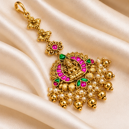 Jadau Kundan Finishing With Pink & Green Stones Lord Lakshmi Maang Tikka - Image 3