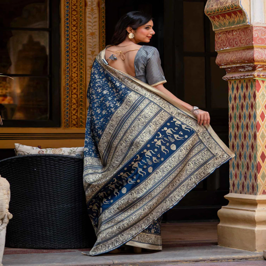 Navy Blue Khadi Warli Printed Saree - Image 4