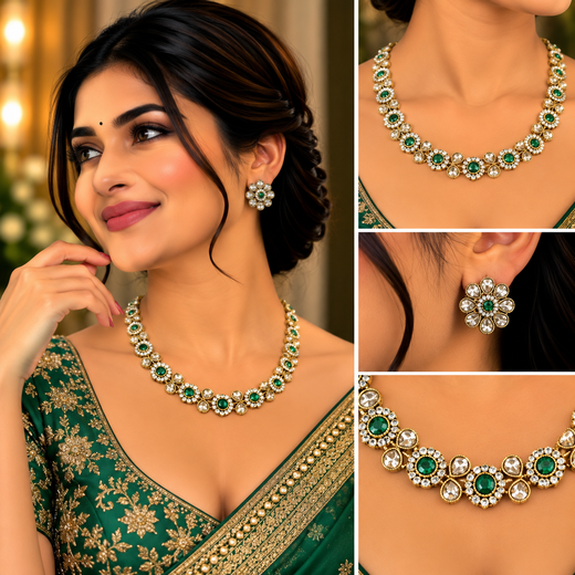 Matte finishing American Diamonds with Green stones Short Necklace - Image 4