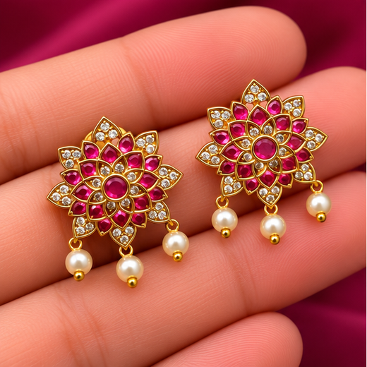 Gold-tone pink-white jadau kundan lotus earring - Image 3