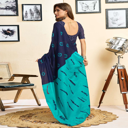 Ready To Wear Blue Cotton Printed Saree With Pocket - Image 4