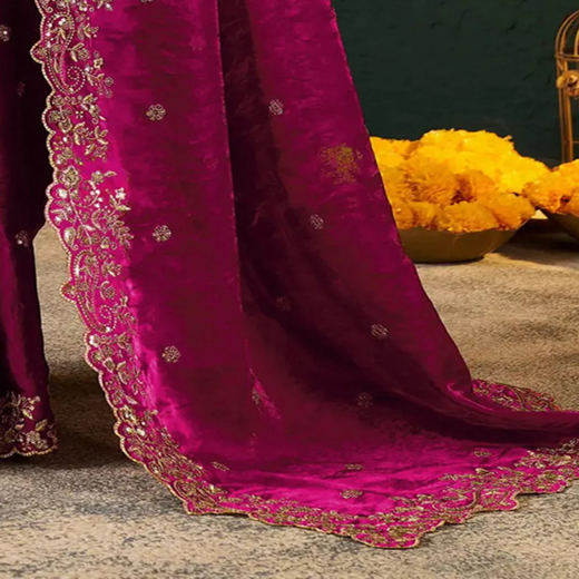 Rani Pink Tissue Satin Sequence Embroidery Saree - Image 3