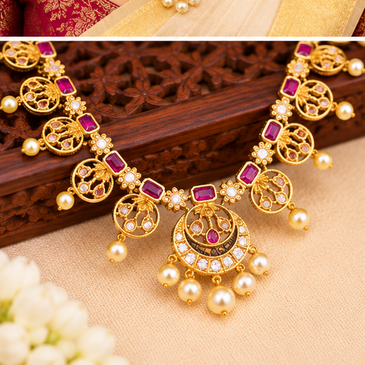 Long Gold Necklace with White Pearls | Artificial Jewellery - Image 3