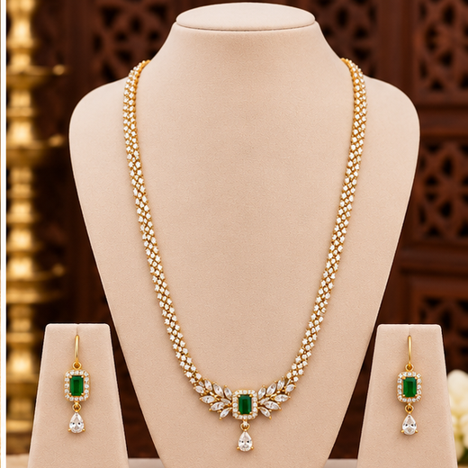 Matte finishing emerald and white American diamond Long Necklace