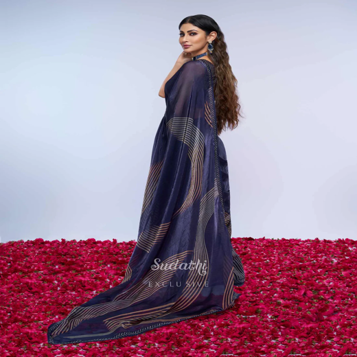 Mouni Roy Midnight Blue Gold Swarovski Saree - Image 4