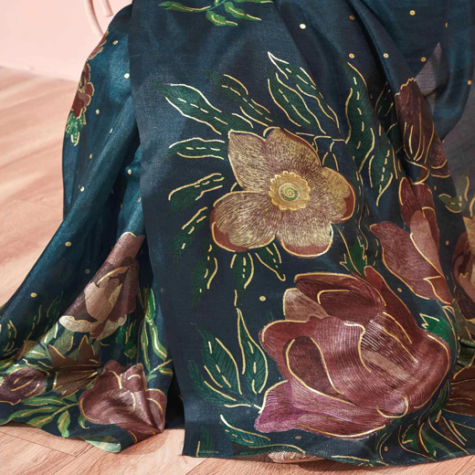 Ready To Wear Dark Peacock Blue Silk Foil Printed Saree - Image 3