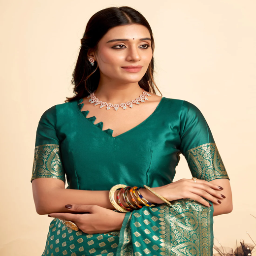Teal Green Woven Banarasi Silk Saree - Image 3
