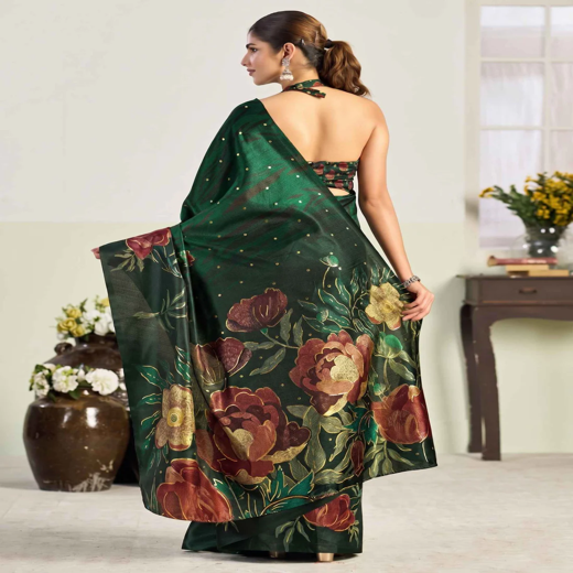Mouni Roy Green Floral Blossom Ready To Wear Foil Saree - Image 4