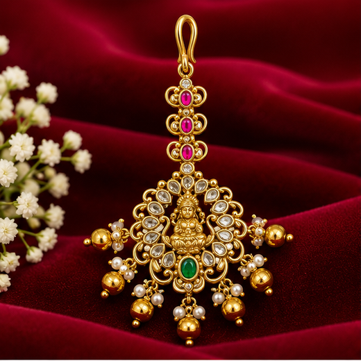 Matte Finishing White Stones With Golden Balls Maang Tikka