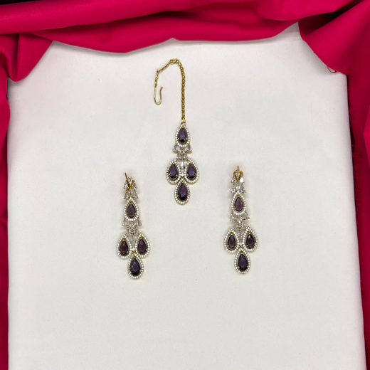Emerald Purple and Cubic Zirconia Bridal Necklace Set with Earrings and Maang Tikka - Image 2