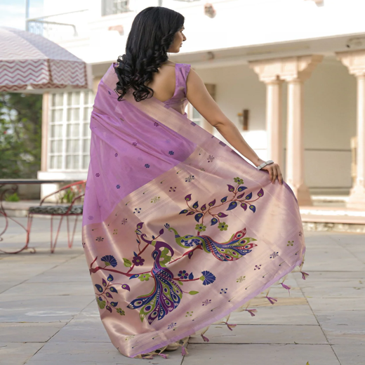 Light Lavender Cotton Woven Paithani Saree - Image 4