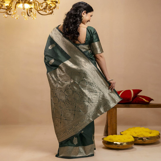 Bottle Green Silk Woven Banarasi Saree - Image 4