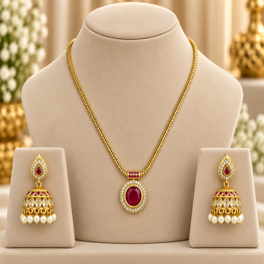Matte finishing with Red stone Short Necklace