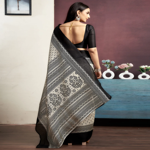 White Cotton Blend Printed Saree - Image 4